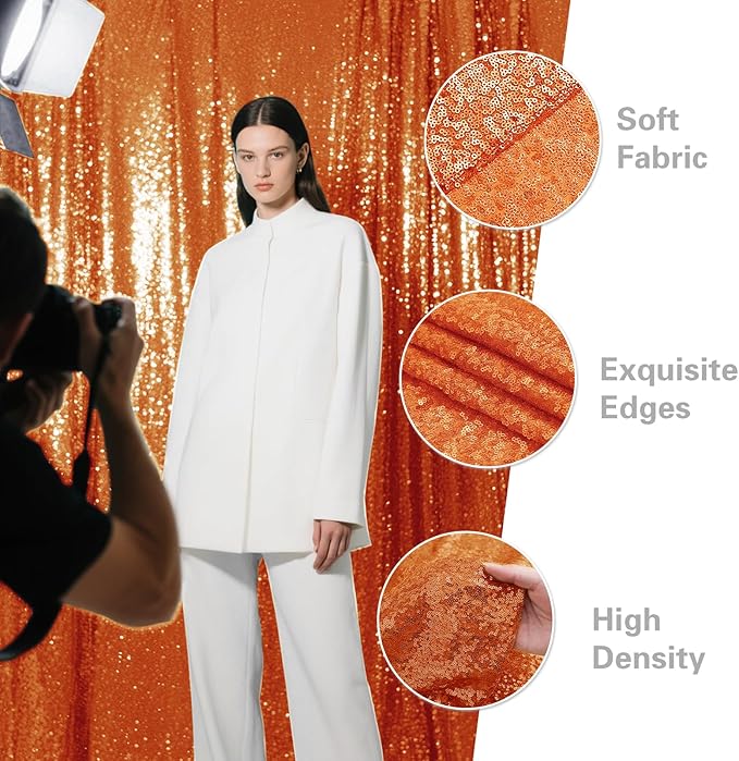 Orange Sequin Backdrop Curtain 2 Pieces 2FTx8FT Glitter Photography Backdrop - Image 4