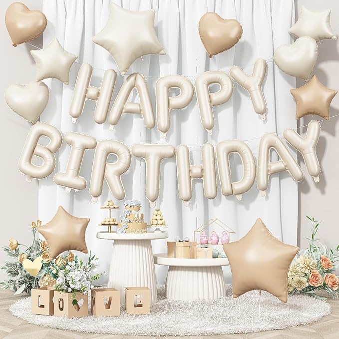 Happy Birthday Balloon Banner Cream, 16 Inch Beige Mylar Foil Letter Balloons by Togvu