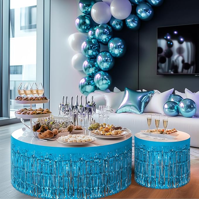 1 Pack Lake Blue Table Skirts, 29x108" Metallic Foil Tinsel Fringe Table Skirts - Image 9