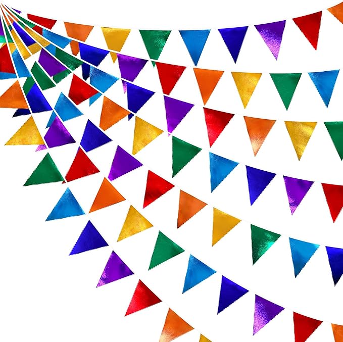 Rainbow Party Decorations Colorful Metallic Fabric Triangle Pennant Banner Flag by pinkblume