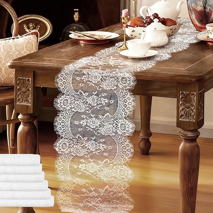 HAIBAS 6 Pcs White Lace Table Runners 14 x 120 Inch Boho Rose Embroidered by Unknown