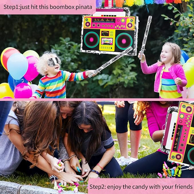 Boombox Pinata with Stick & Hanging Loop Retro 90s Hip Hop Mexican Pinata Game - Image 4