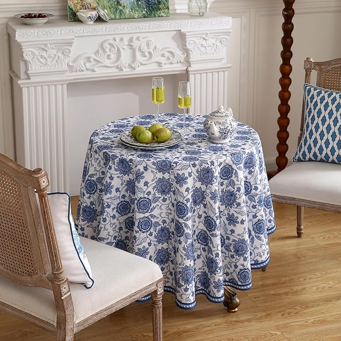 patdrea Designer Vintage French Round Table Cloth, Linen Durable Blue Paisley - Image 8