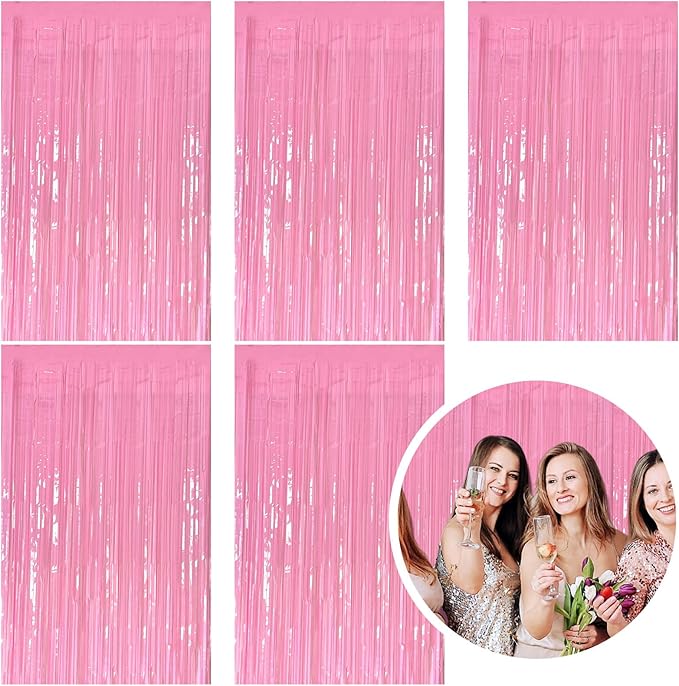 5 Pack Foil Curtain Pink Backdrop Streamers Metallic Tinsel Fringe Curtains by KEJ