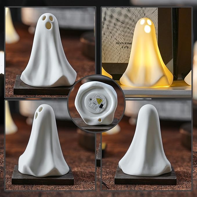 Ceramic Ghost Decor, Battery Powered White Mini Ghost Figurines - Image 5