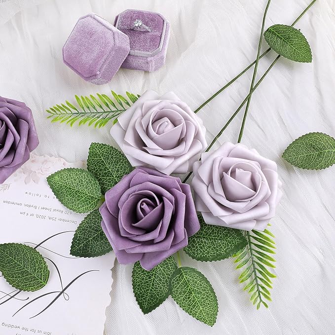 AmyHomie 25pcs Real Looking Artificial Pale Lavender Roses w/Stem - Image 6