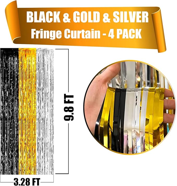 4 Pack Black Gold Silver Foil Fringe Curtain Backdrop, 3.28Ft x 9.8Ft Metallic - Image 2