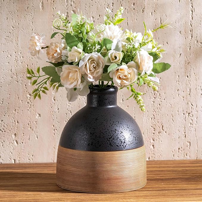 Black and Brown Rustic Farmhouse Flower Round Ceramic Striped Vase, Modern - Image 8