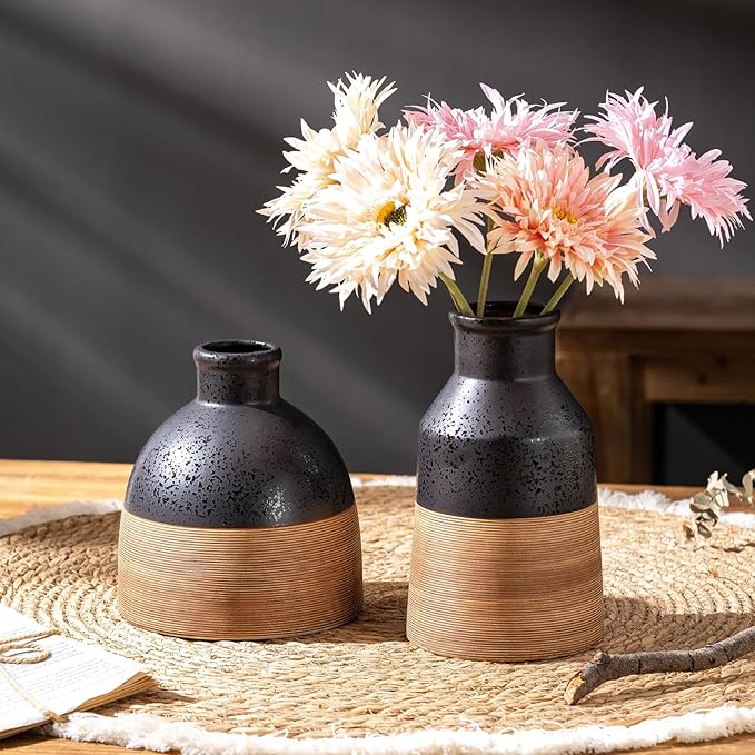 Black and Brown Rustic Farmhouse Flower Round Ceramic Striped Vase, Modern - Image 7