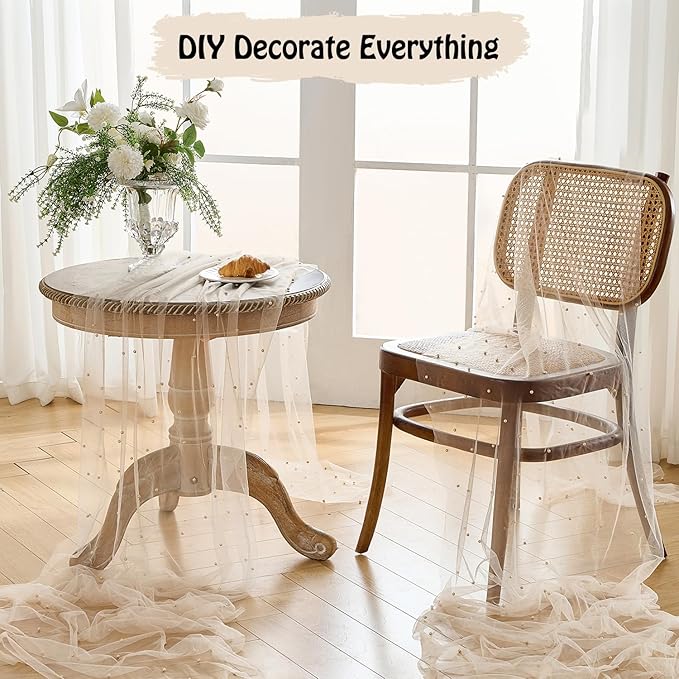 Fanami 1 Pack Pearl Table Runner -10FT Champagne Gold Boho Tulle Table Runners - Image 8