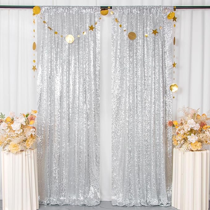 ShinyBeauty Sequin Curtains 4 Panels Silver Sequin Backdrop Photograph - Image 5