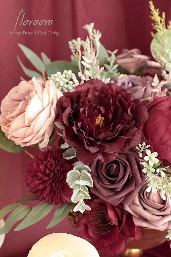 Floroom Burgundy Mauve Artificial Flowers Marsala Fake Roses Peonies and - Image 5