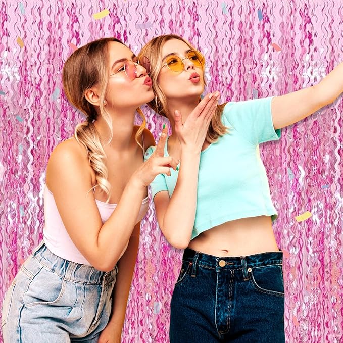 4 Pack Pink Wave Foil Fringe Curtain Backdrop, 3.28Ft x 8.2Ft Metallic Tinsel - Image 7
