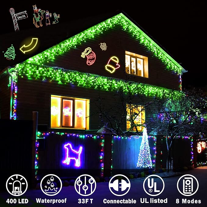 KNONEW Christmas Lights Outdoor Decorations 400 LED 33ft 8 Modes Curtain Fairy - Image 3