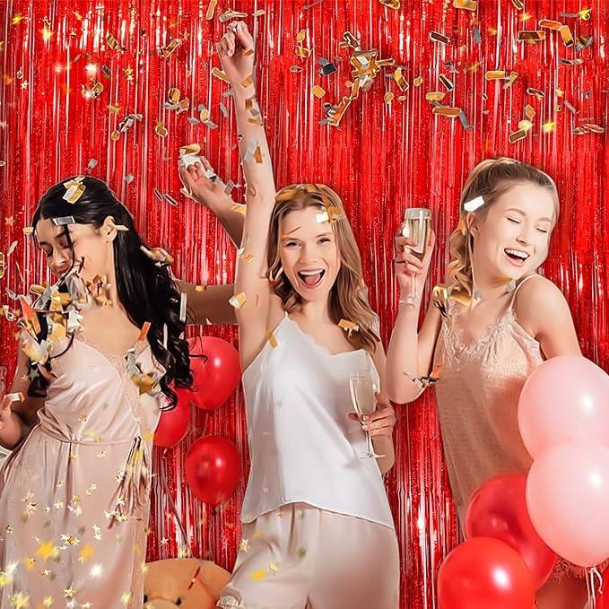 Red Metallic Tinsel Foil Fringe Curtains, 4 Pack 3.3x8.3 Feet Streamer Backdrop - Image 4