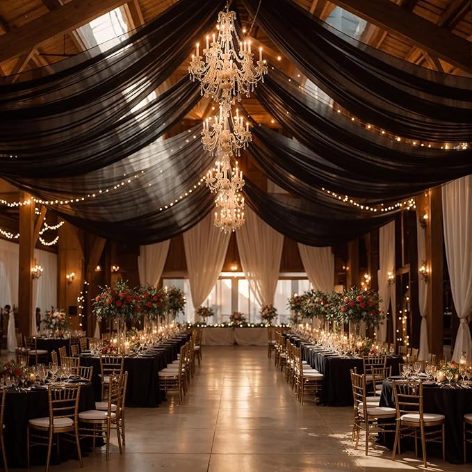Wedding Arch Draping Fabric, 2 Panels 18FT Black Sheer Chiffon Curtain Drapes 6 - Image 6