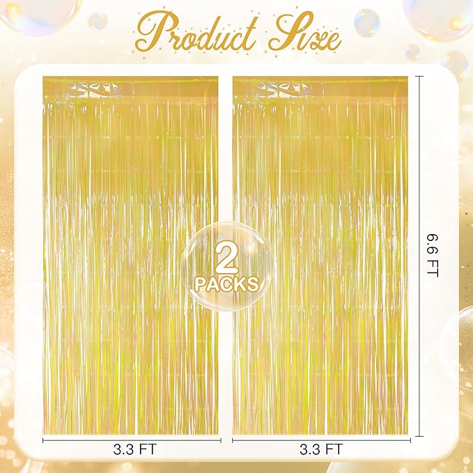 2 Pack Yellow Iridescent Streamers Backdrop, 3.3x6.6ft Foil Fringe Curtains - Image 2