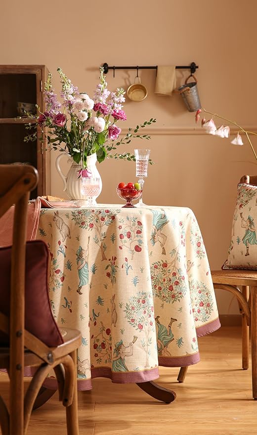 patdrea Designer Linen Beige Round Tablecloth, Vintage Italian Trees Pattern - Image 8