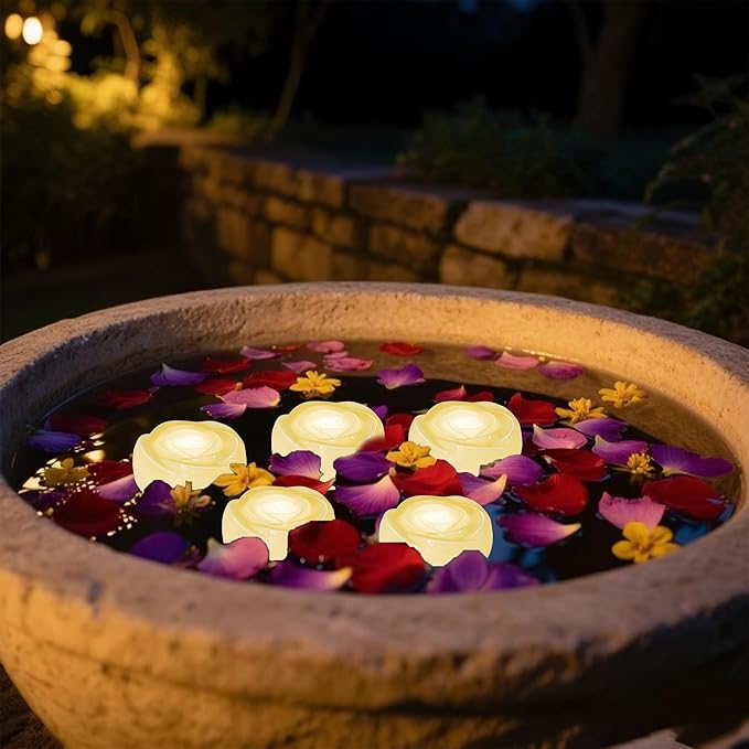 Aignis 12pcs Flameless LED Floating Candles, Ivory Rose Plastic Tealights - Image 4