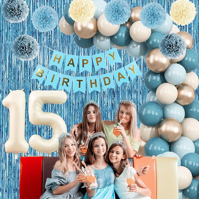 Dusty Blue 15th Birthday Party Decorations Boys Girls Beige Cream Number 15 - Image 6