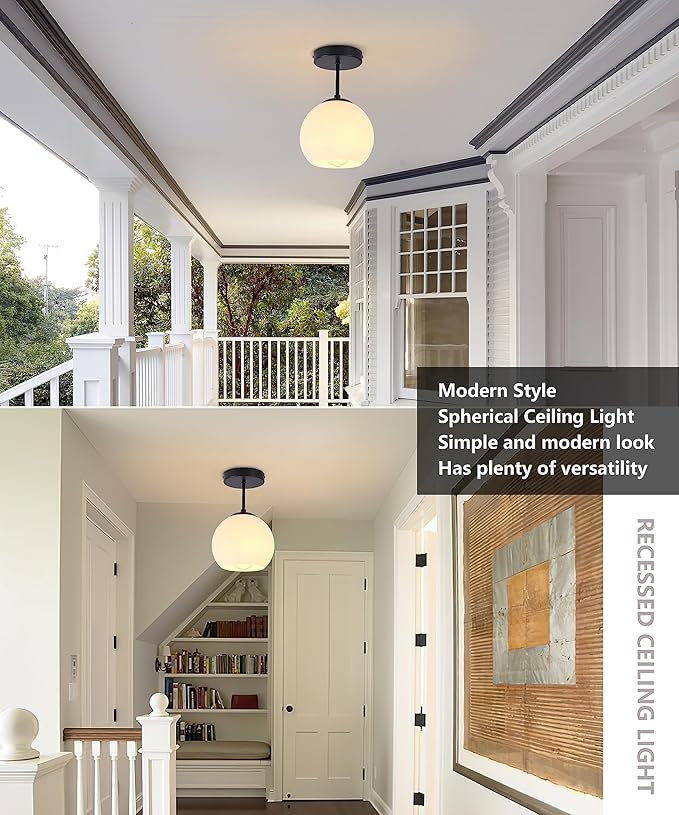 Black Semi Flush Mount Ceiling Light Fixture Milk Glass Light Fixture Mid - Image 7