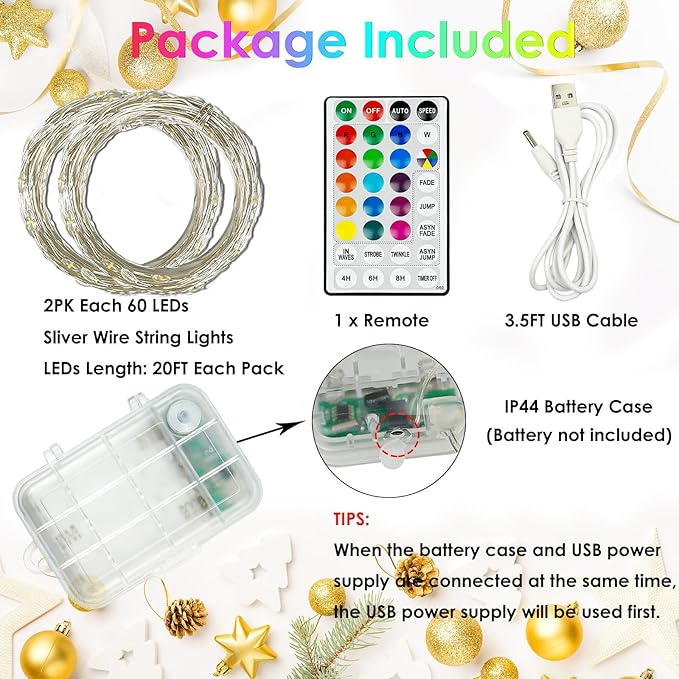 2 Pack Each 20FT 60LED Fairy Lights Battery Operated, RGB Color Changing String - Image 3