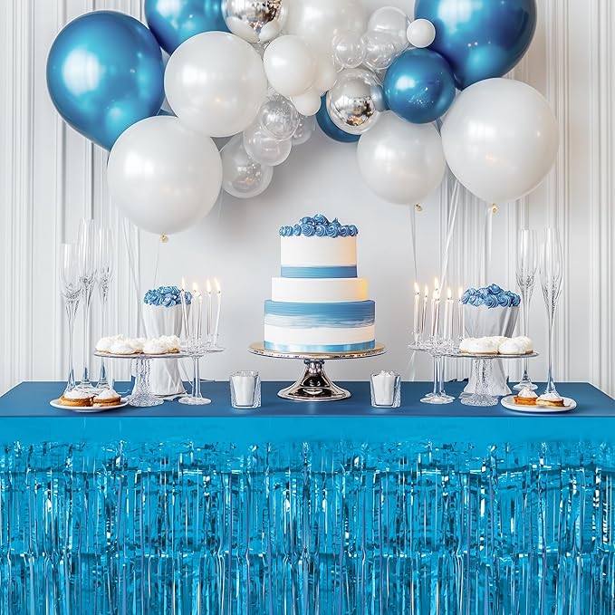 1 Pack Lake Blue Table Skirts, 29x108" Metallic Foil Tinsel Fringe Table Skirts - Image 5