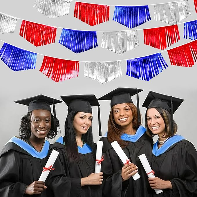 Blue Red Silver Tassel Banner Metallic Fabric Pennant Bunting Flag - Image 4