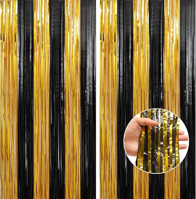 Crosize 2 Pack 3.3 x 9.9 ft Gold and Black Foil Fringe Curtains Party by Crosize