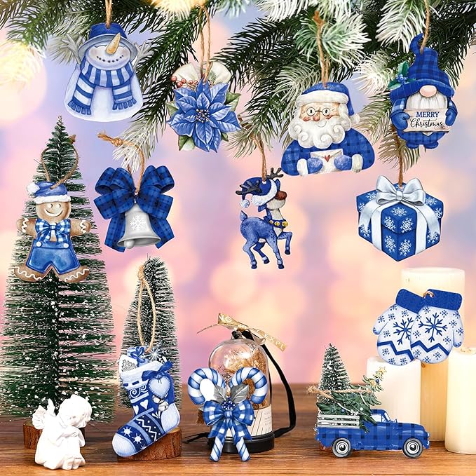 Suzile 36 Pcs Christmas Wooden Ornaments Blue Christmas Ornaments - Image 6
