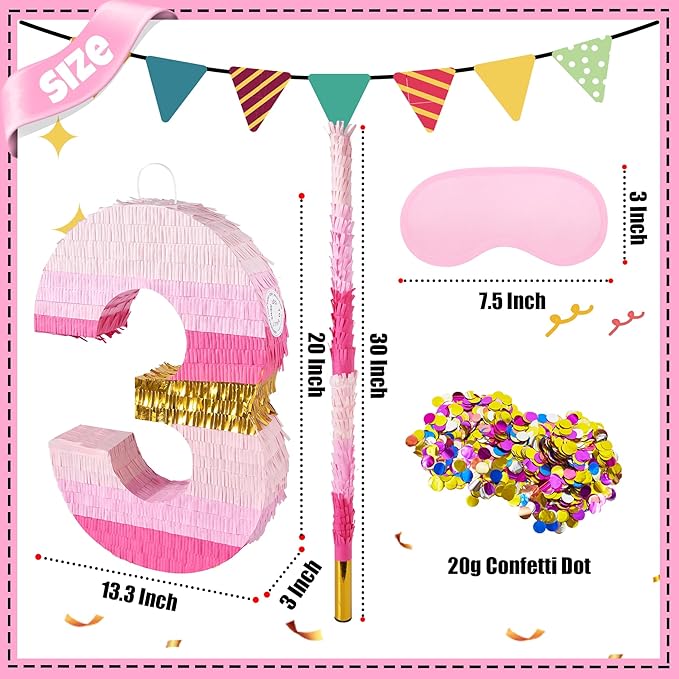 PCFING 20 Inch Number 3 Piñata Pink Gold - Image 2