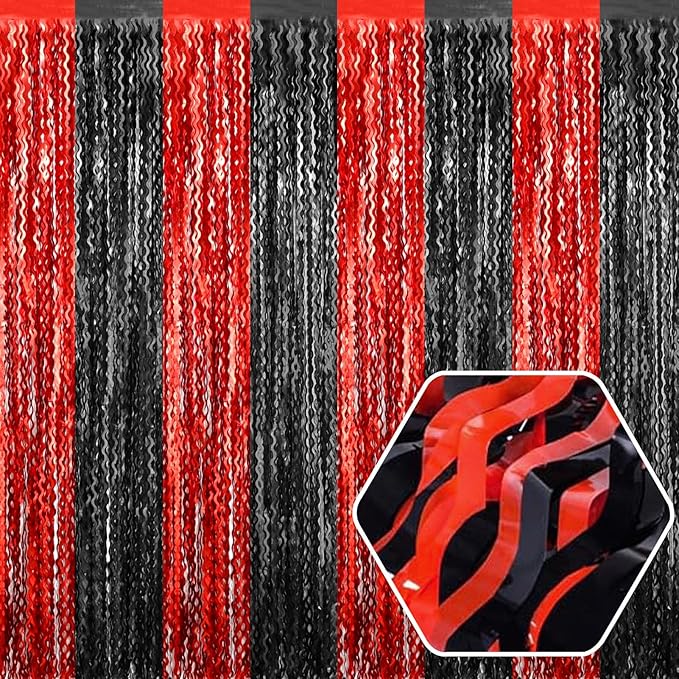 4 Pack Black Red Wave Foil Fringe Curtain Backdrop, 3.28Ft x 8.2Ft Metallic by Ferwzsr