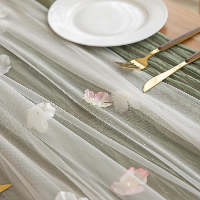 Romantic Artificial Floral Table Runner 10ft Gauze Tulle Lace Table Runner Set - Image 3
