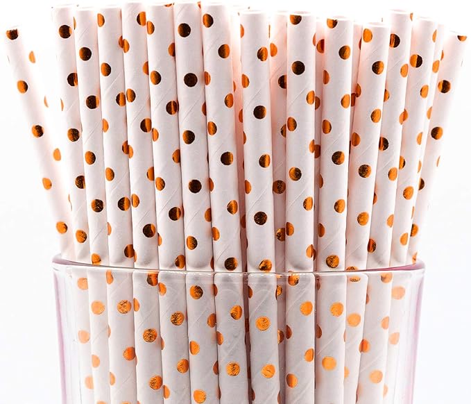 Pack of 300 Rose Gold Polka Dot Foil Biodegradable 4-Ply Paper Drinking Straws by Stephanie+Imports