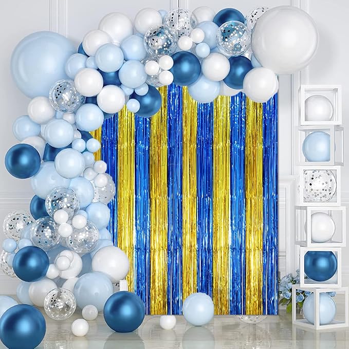3 Pack 3.3 x 8.2 ft Blue Gold Foil Fringe Backdrop Curtains, Tinsel Streamers - Image 4