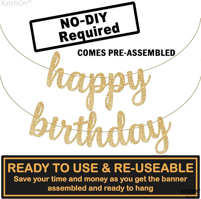 KatchOn, Glitter Cursive Gold Happy Birthday Banner - Image 4