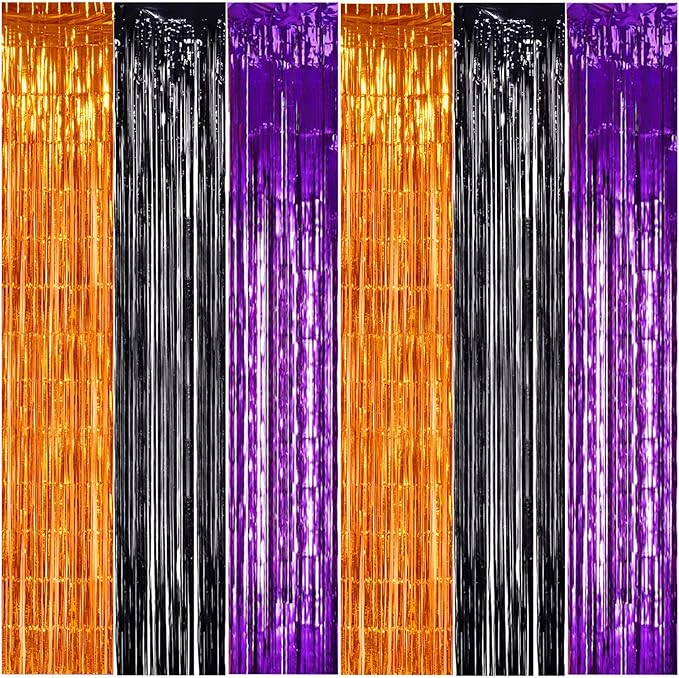TONIFUL 2Pcs Orange Purple Black Metallic Tinsel Foil Fringe Curtains, 3.28ft x by TONIFUL