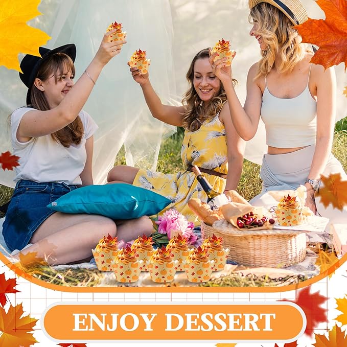 Domensi 100 Pcs Fall Pumpkin Maple Leaf Cupcake Wrappers Rustic Cupcake Liners - Image 6