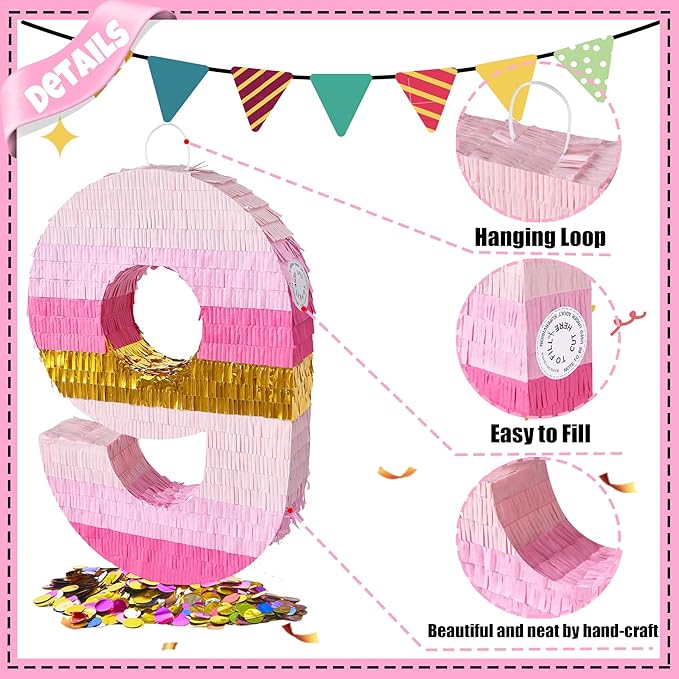 PCFING 20 Inch Number 9 Piñata Pink Gold - Image 3