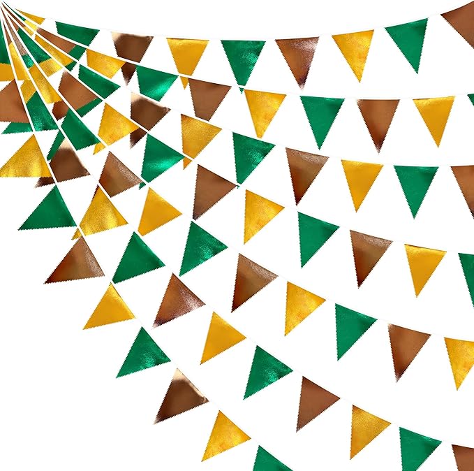 Green Gold Brown Metallic Fabric Triangle Pennant Banner Flag Bunting Garland by pinkblume
