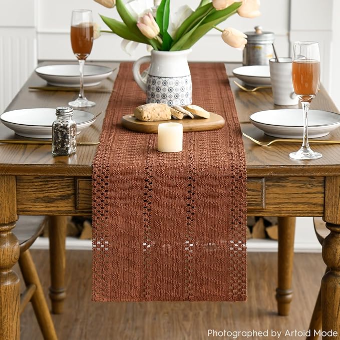 Artoid Mode Caramel Farmhouse Woven Rustic Hollow Table Runner, Seasonal - Image 2