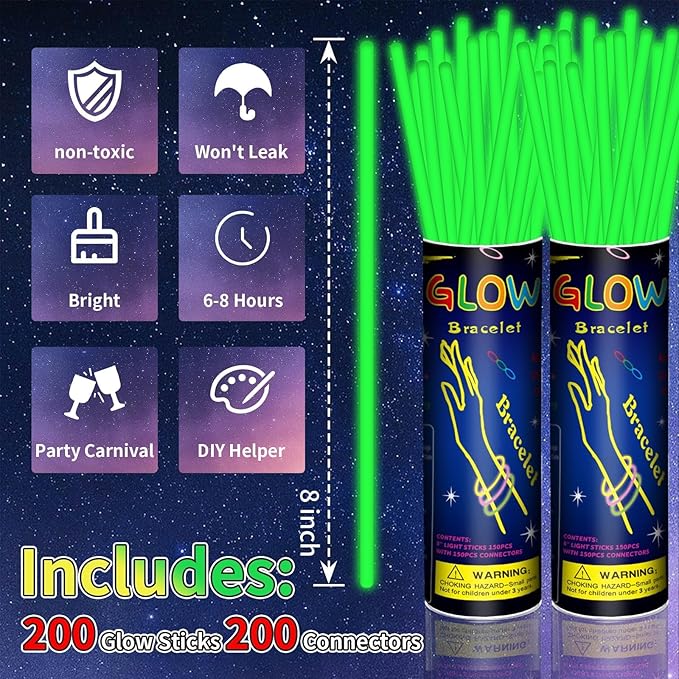 200 Pack 8'' Glow Sticks Bulk Party Favors Green Light Up Sticks - Image 2