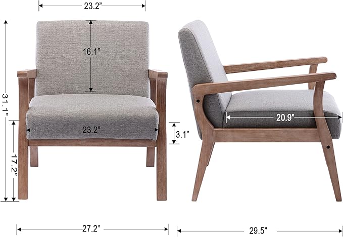 Mid Century Modern Accent Chair Set of 2, Linen Upholstered Living Room Accent - Image 2