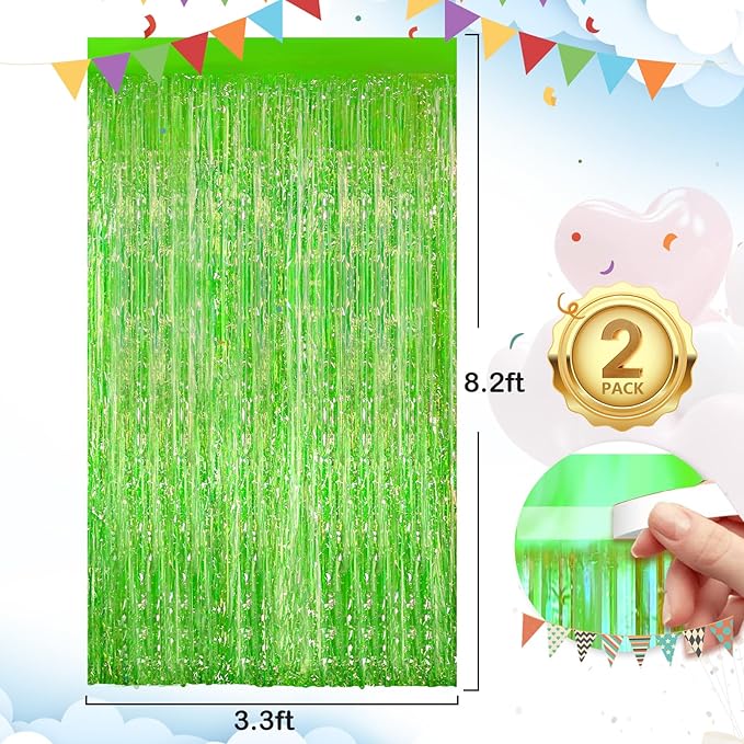 2Pack 3.3 x 8.3Ft Neon Green Foil Fringe Backdrop Curtains, Gender Reveal Disco - Image 5