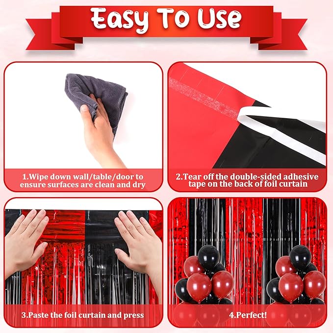 4 Pack 3.3x8.2 Feet Red and Black Foil Fringe Backdrop Curtains, Tinsel - Image 4