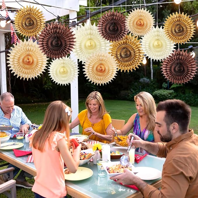 12PCS Paper Fans Brown Neutral Boho Party Decorations Tissue Paper Flowers - Image 7