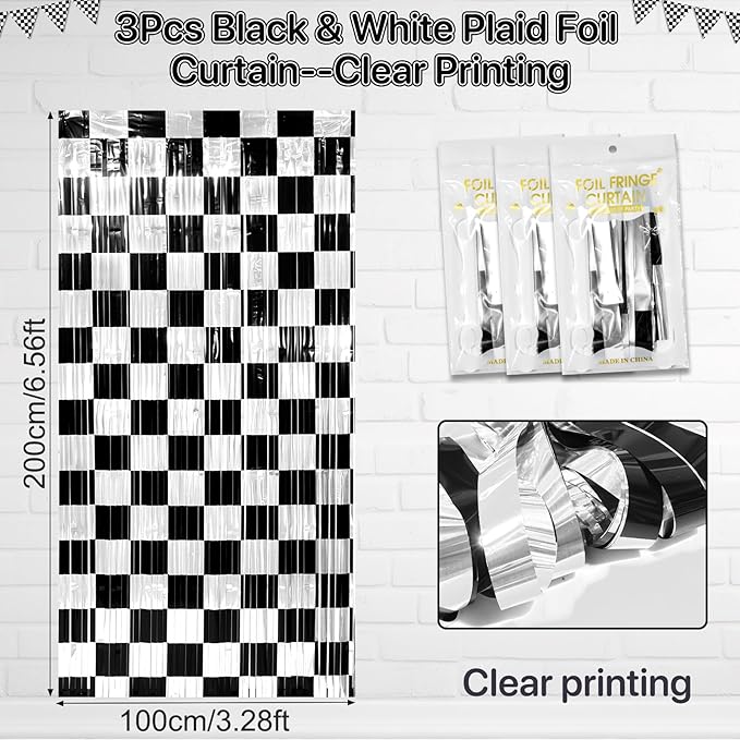 3 Pack 3.3Ft x 6.6Ft Race Car Checkered Foil Fringe Curtain Backdrop Decorations - Image 2