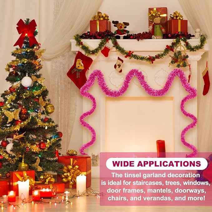 25 Feet Pink Christmas Tinsel Garland, Metallic Foil Twist Banner Wall Hanging - Image 3