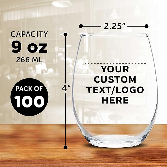 Custom Stemless Wine Glass 9 oz. Set of 100, Personalized Bulk Pack - Image 5