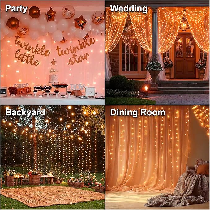 HXWEIYE 300LED Fairy Curtain Lights, 9.8x9.8Ft USB Plug-in 8 Modes Christmas - Image 7